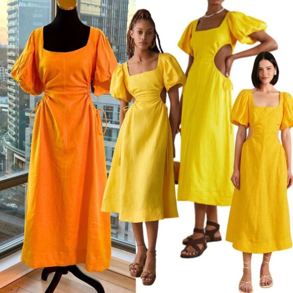 🆕 FARM Rio 🧿 NWOT Linen Cut Out Midi Dress, Yellow - Size XL